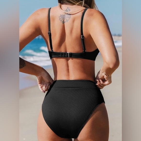 CUPSHE Women's 2 Piece Bikini Size Large Black Scoop Neck High Waist - Picture 2 of 8